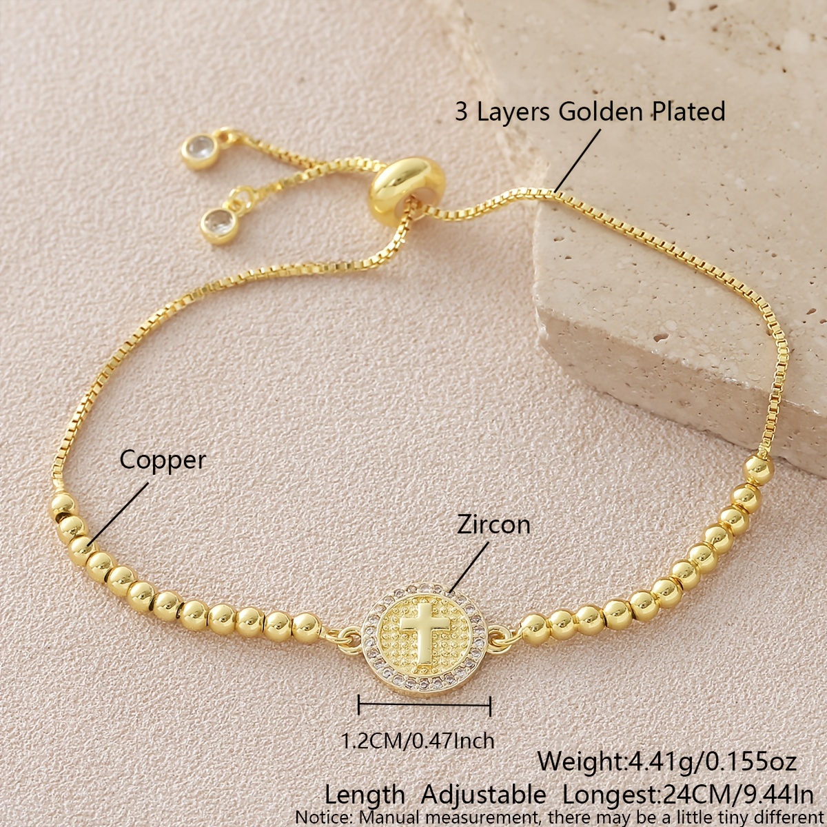 Women's 18K Gold-Plated Adjustable Bead Bracelet with Cross Pendant